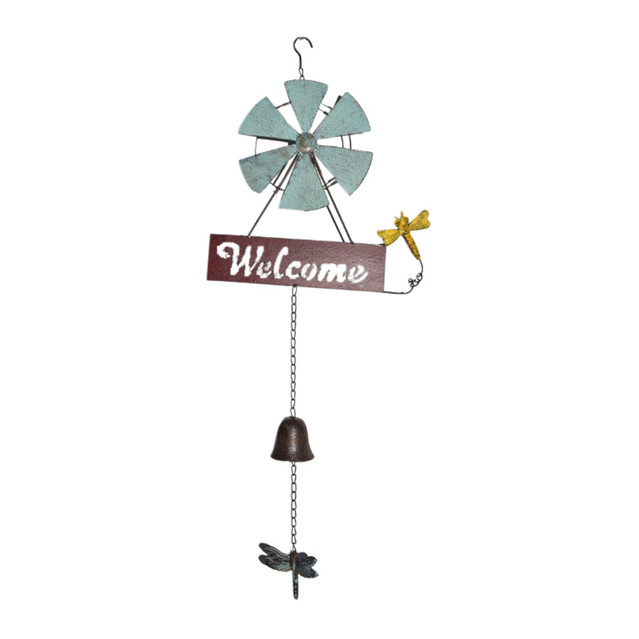 Hanging Welcome Windmill w/Bell + Dragonfies 31.5x6.5x88cm