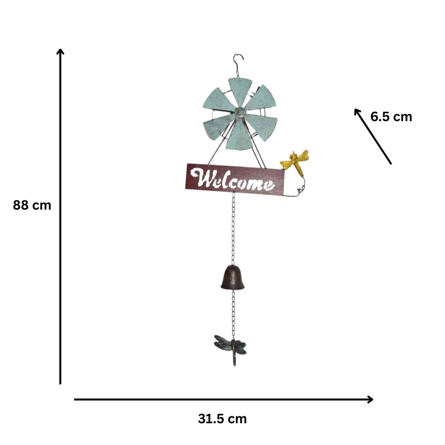 Hanging Welcome Windmill w/Bell + Dragonfies 31.5x6.5x88cm
