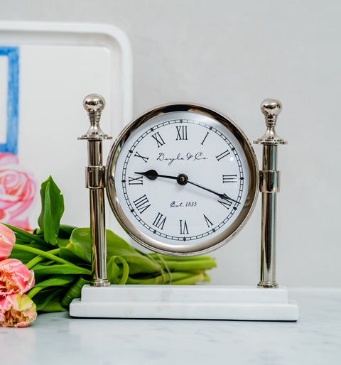 109E - Round Column Clock White Marble Base:Silver