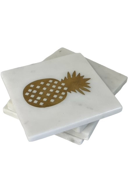 125N - Set 4 White Marble & Pineapple Square Coasters