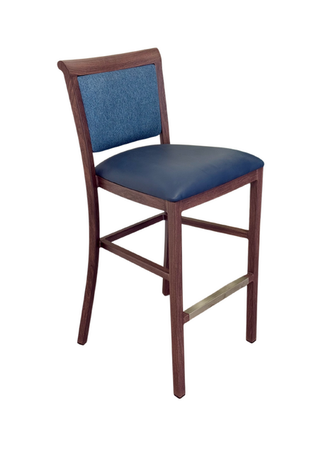 Hudson Bar Stool Chair. Faux Leather Seat. Backrest In Blue Fabric. Moisture Resistant Seat. Wipeable, Comfortable, Contemporary.