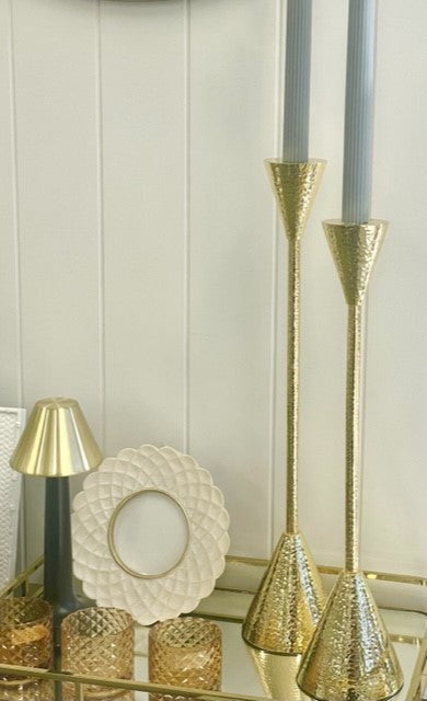 147X - Slender Hammered Bell Candlestick Gold Large 49Cm