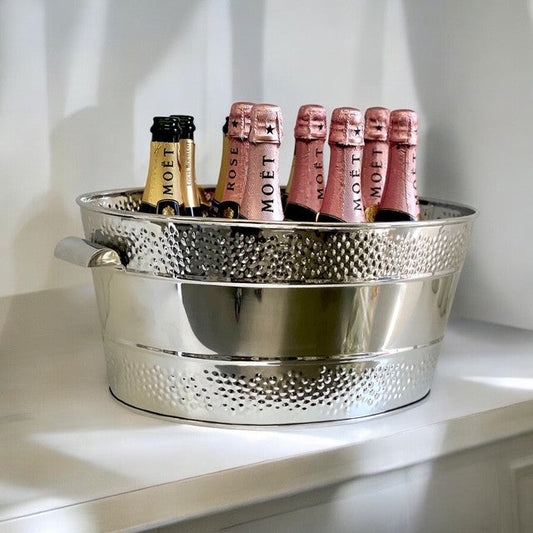 200B Stainless Steel Oval Dotted Double Border Party/ Champagne Bucket W/Metal Handle 46X26X21