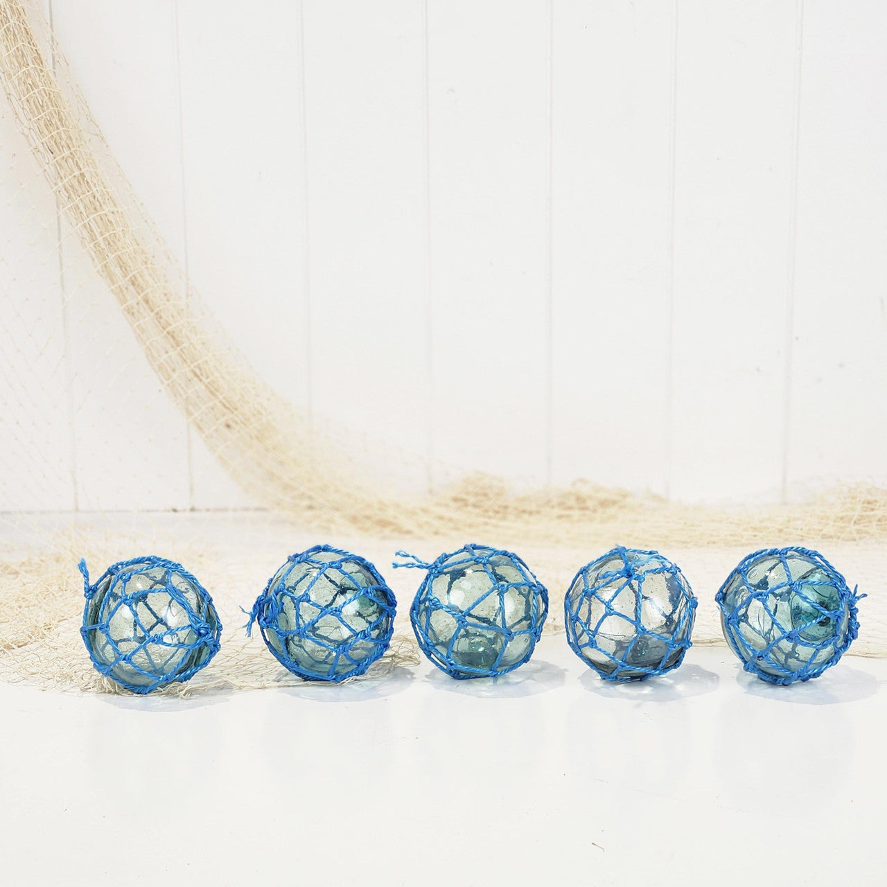 Set 5 X 2.5" Glass Float - Blue Rope #0101B