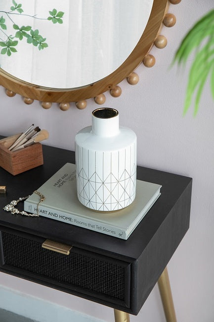 Geo Vase Tall Ceramic 25Cms High Indoor Or Outdoor. Our Geo Vase Small  With A Gloss White Finish And Gold Trim