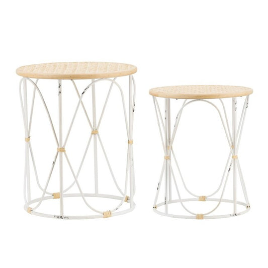 Set Of 2 Bamboo Weave/Iron Side Tables Distressed White