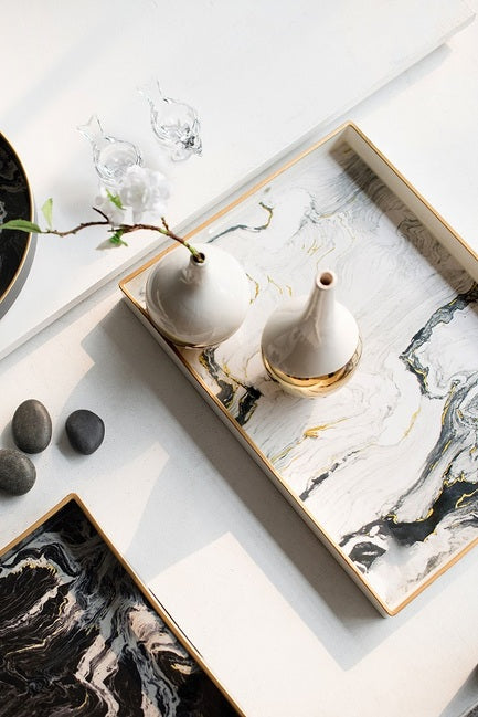 大理石纹黑白图案长方形托盘(2 件套)