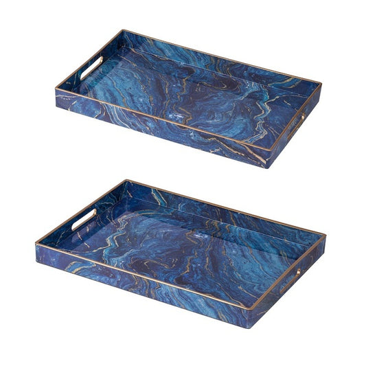 Marble Patterned Blue Set Of 2 Rectangular Trays. Luxurious Look Of Natural Stone With This Set Of 2