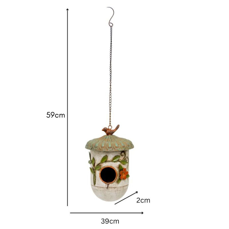 Hanging Birdhouse w/Blue Roof + Perched Bird 17x15.5x38-60cm