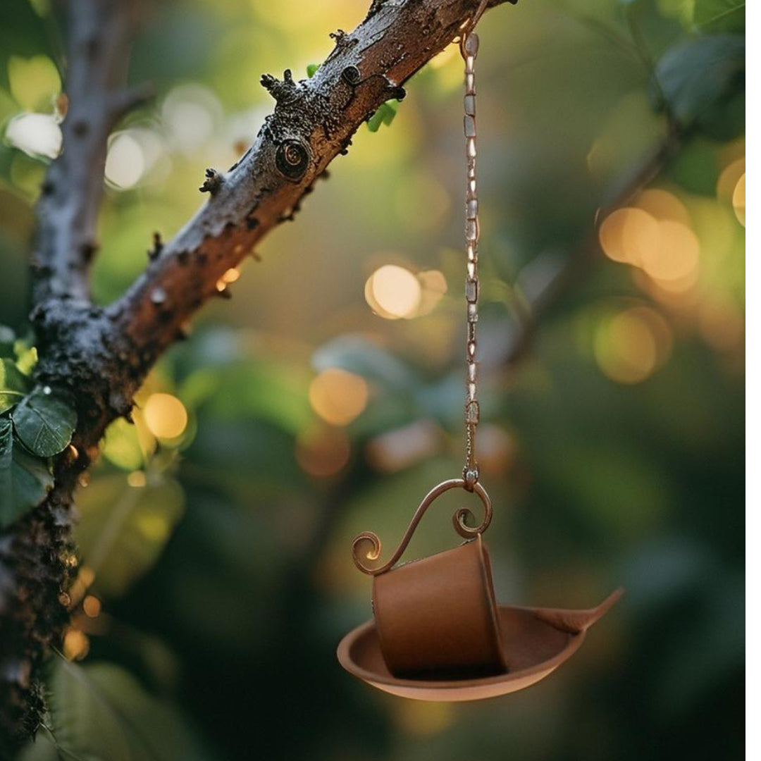 Rust-Look Hanging Cup + Saucer Birdfeeder 21x16x45cm