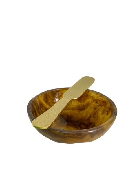 34B - Tortoise Shell Resin Dip Bowl W/Rganic Shaped Gold Knife