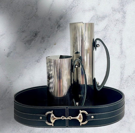 390G - Large Ridged Jug W/Black Leather Handle
