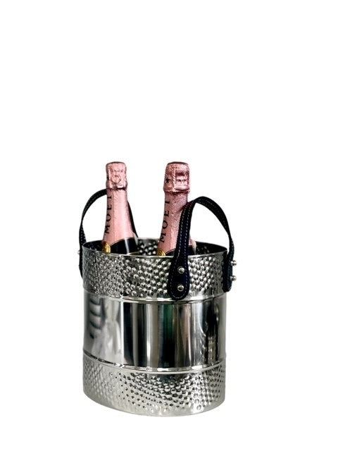 391G - Stainless Steel Hammer Wine/Champagne Bucket For 2 Bottles W/Leather Handles