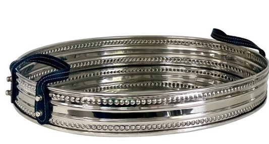 391H - Stainless Steel Oval Double Band Border Tray W/Leather Handles 47Cm