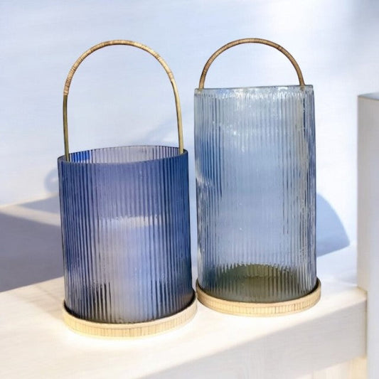 433Bl - Lantern :Small Blue Ribbed Glass 26Cm