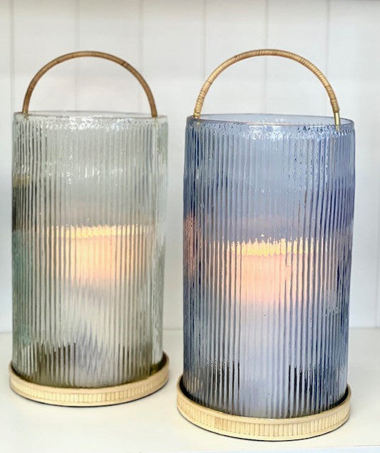 434Bl - Lantern: Large Blue Ribbed Glass 36Cm