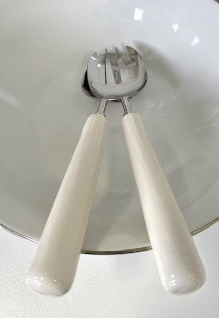 456 - Nickle Enamel Salad Servers