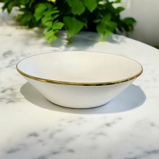 457J Limitée Ceramic White Glaze Medium Bowl W/Gold Rim 30X8