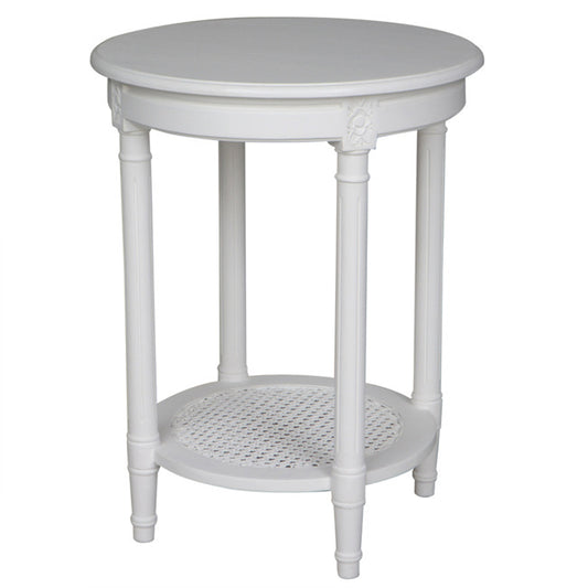 Polo Occasional Round Table White Hand Painted Rattan Shelf. Hamptons Style White
