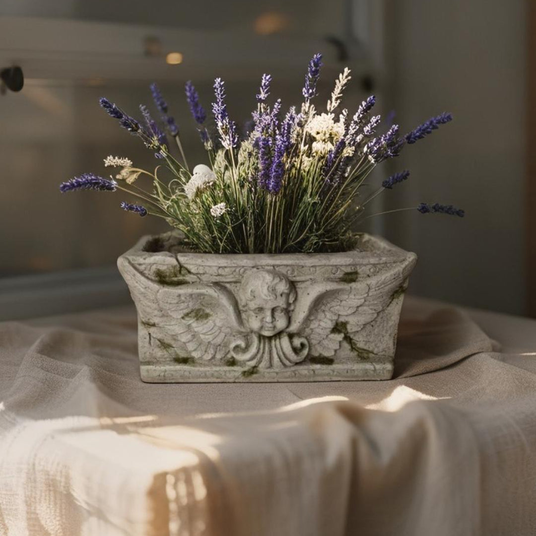 Aged Rectangular Planter w/Angel 37x19.5x18cm