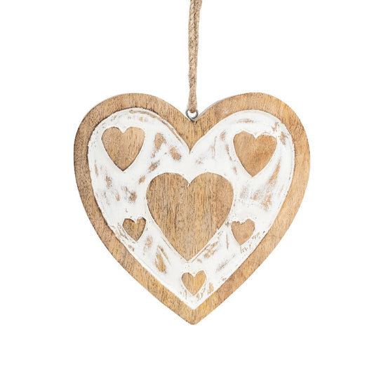 Set/2 Nested Handcrafted Hanging Whitewash Hearts 15x2.5x18/10x2.5x13cm
