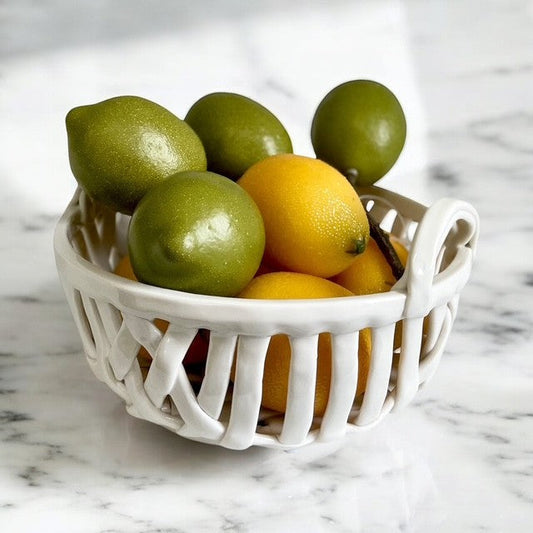 61H - Glazed Ceramic White Basket Lattice W/Handles Round 20X8C
