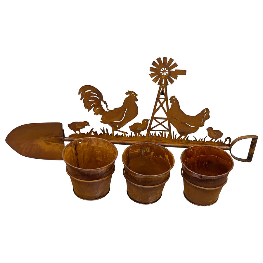 Three Pot Wall Planter on Shovel w/Chooks 60x15x30cm