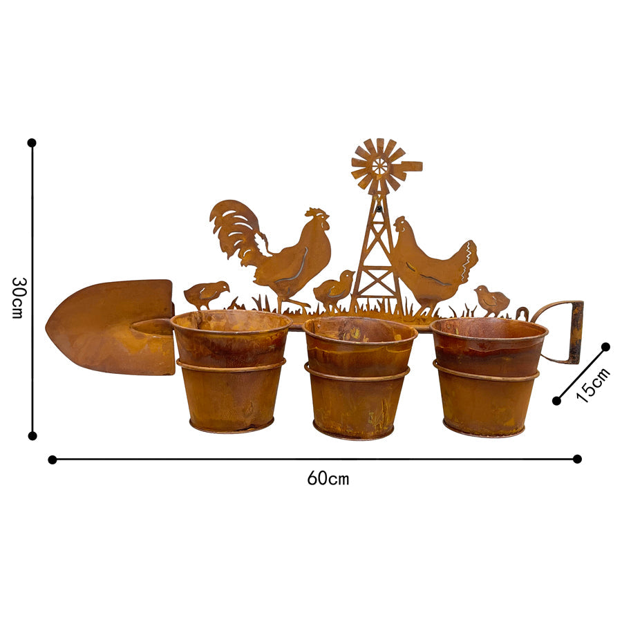 Three Pot Wall Planter on Shovel w/Chooks 60x15x30cm