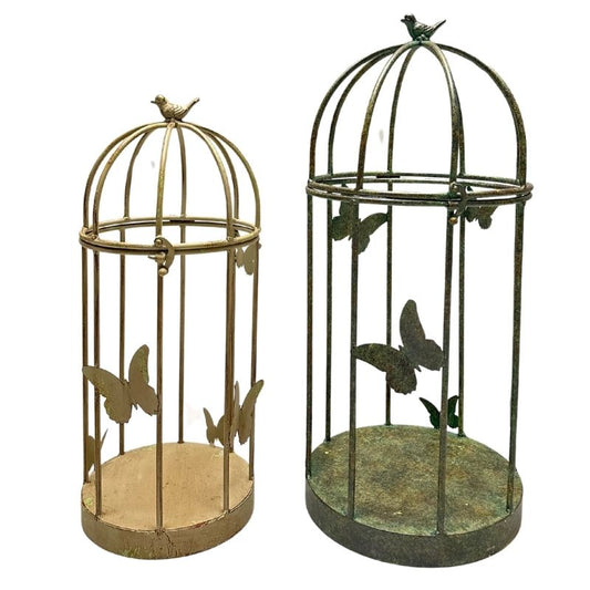 Set/2 Nested Distressed Finish Plant Cages w/Butterflies 36x36x79cm/30x30x69cm
