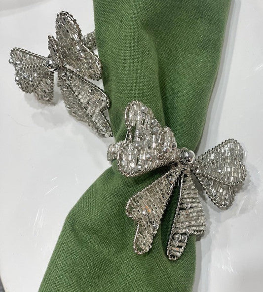 7B Silver Beaded Bow Napkin Ring - Set 12