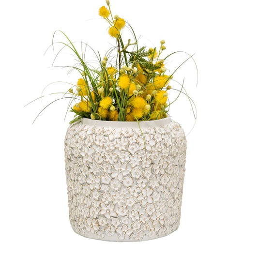 White Flower Embossed Planter w/Hole+Plug 25x25x24cm