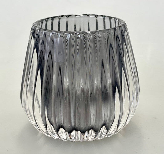 92 - Glass Tealight Holder Round Smoke Rib