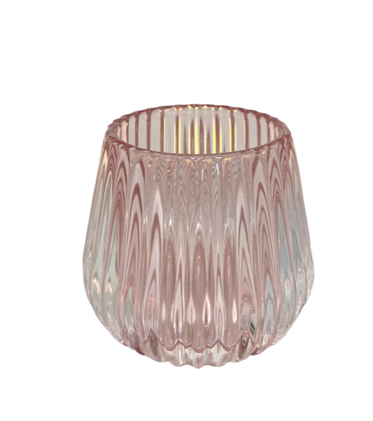 92A - Glass Tealight Holder Round Pink Rib