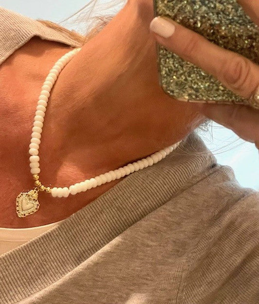 Jwbhn White Bead Enamelled Small Heart Necklace