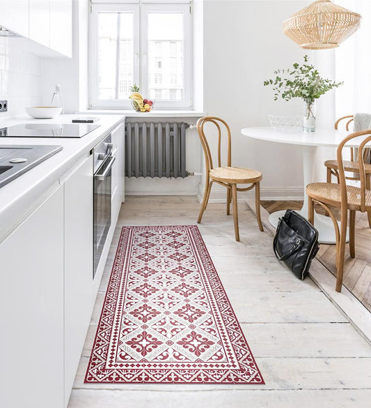 Flor de Lis Red Modern Vinyl Rug lifestyle