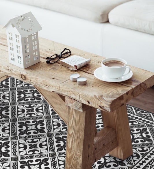 Flor de Lis Black & White Modern Vinyl Rug lifestyle