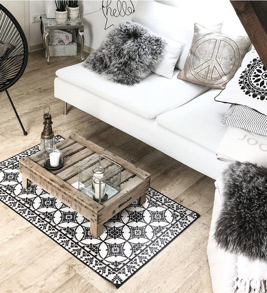 Barcelona Black & White Concrete Vinyl Rug lifestyle