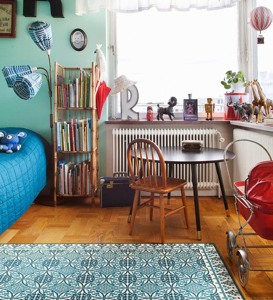 Barcelona Blue Modern Vinyl Rug lifestyle