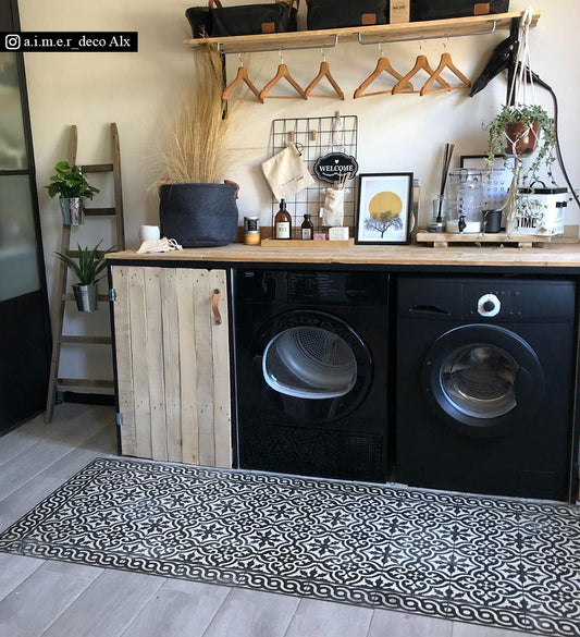 Mountain Black & White Antique Vinyl Rug lifestyle