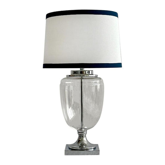 Charlotte Glass And Nickel Lamp With White Linen Shade (Navy Trim)