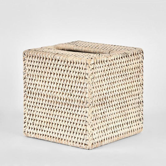 Paume Rattan Square Tissue Box White Wash