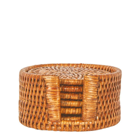 Paume Rattan Round Coaster Set 6 Antique Brown