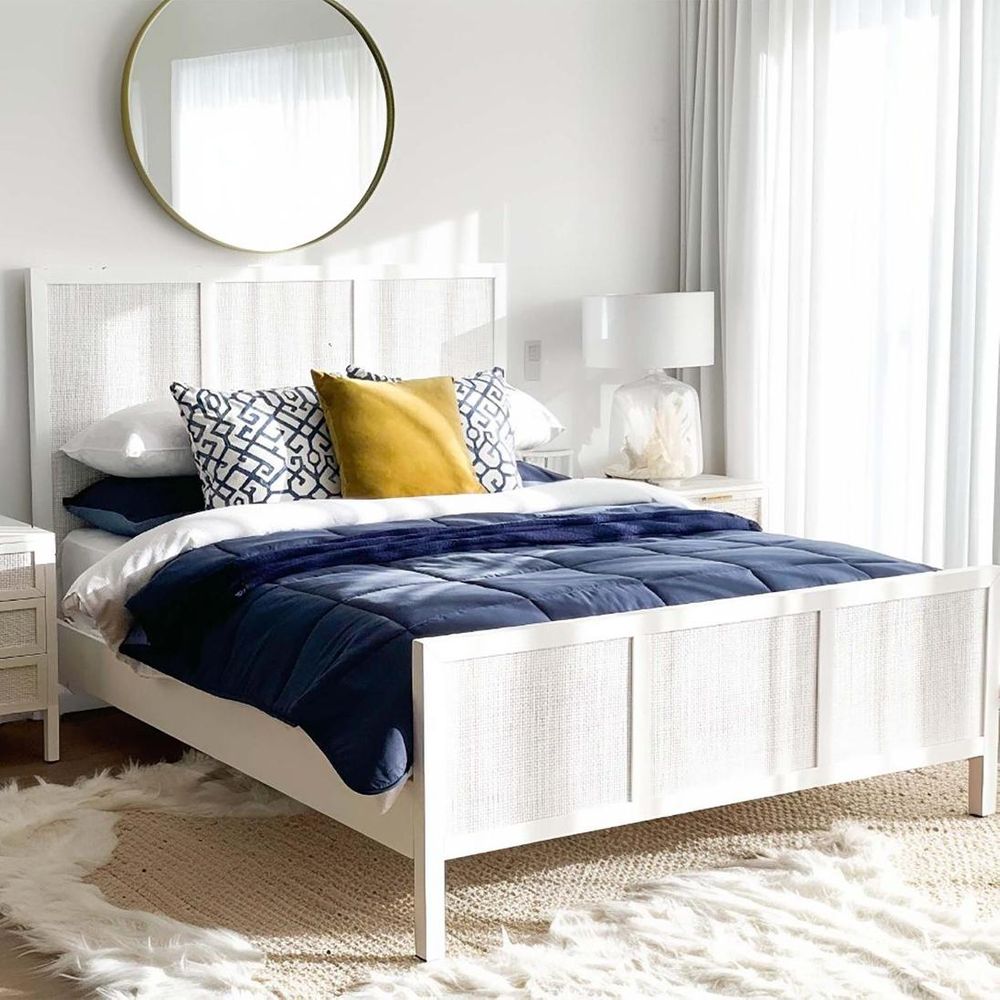 Santorini Hamptons Timber/Rattan Queen Bed White