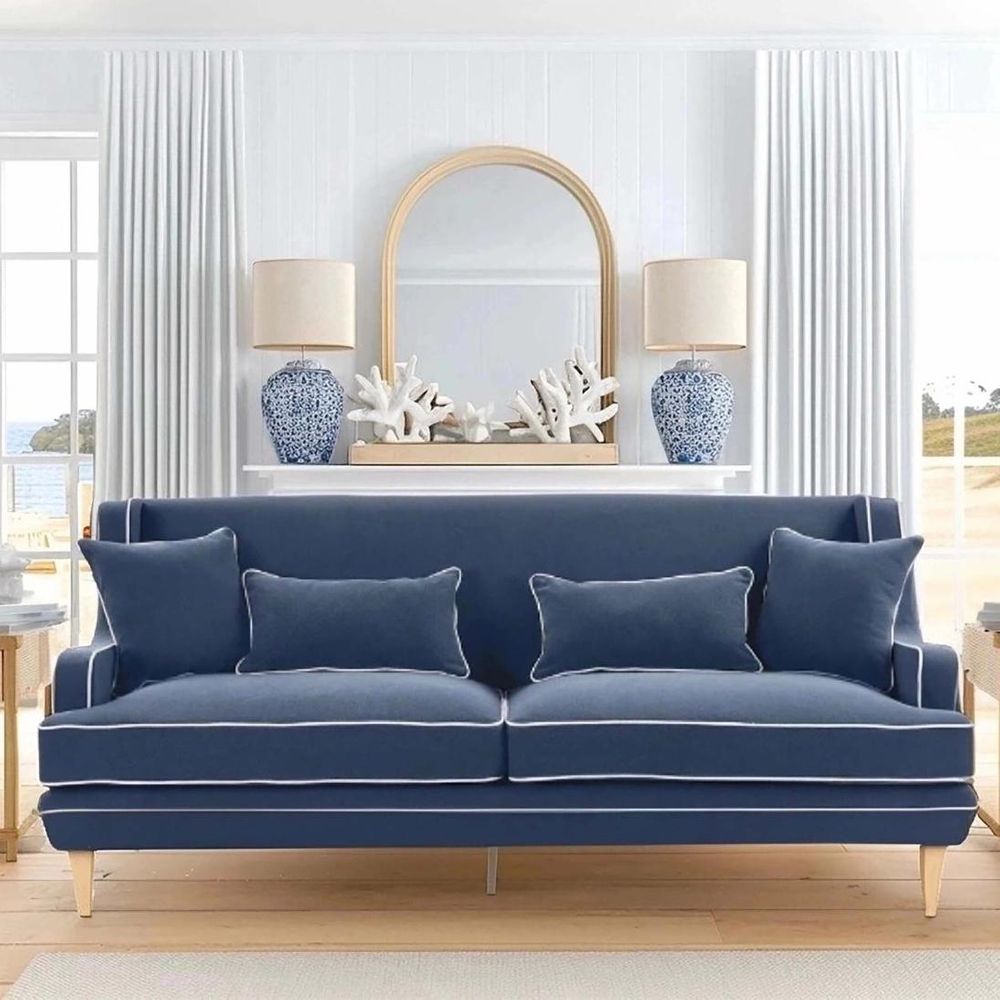 Bondi Hamptons 3 Seat Sofa Navy W/White Piping