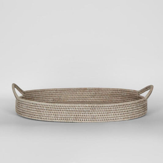 Paume Rattan Oval Serving Tray With Handles White Wash