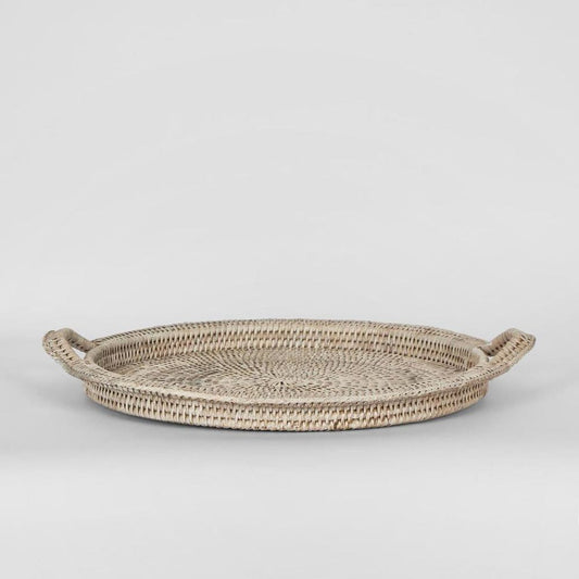 Paume Rattan Round Serving Tray With Handles White Wash