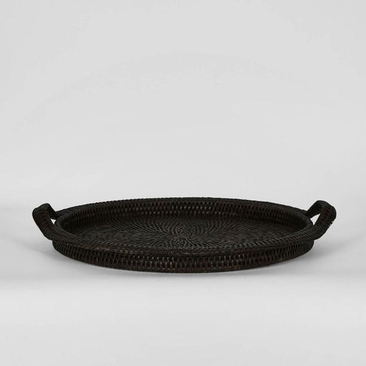 Paume Rattan Round Serving Tray With Handles Black