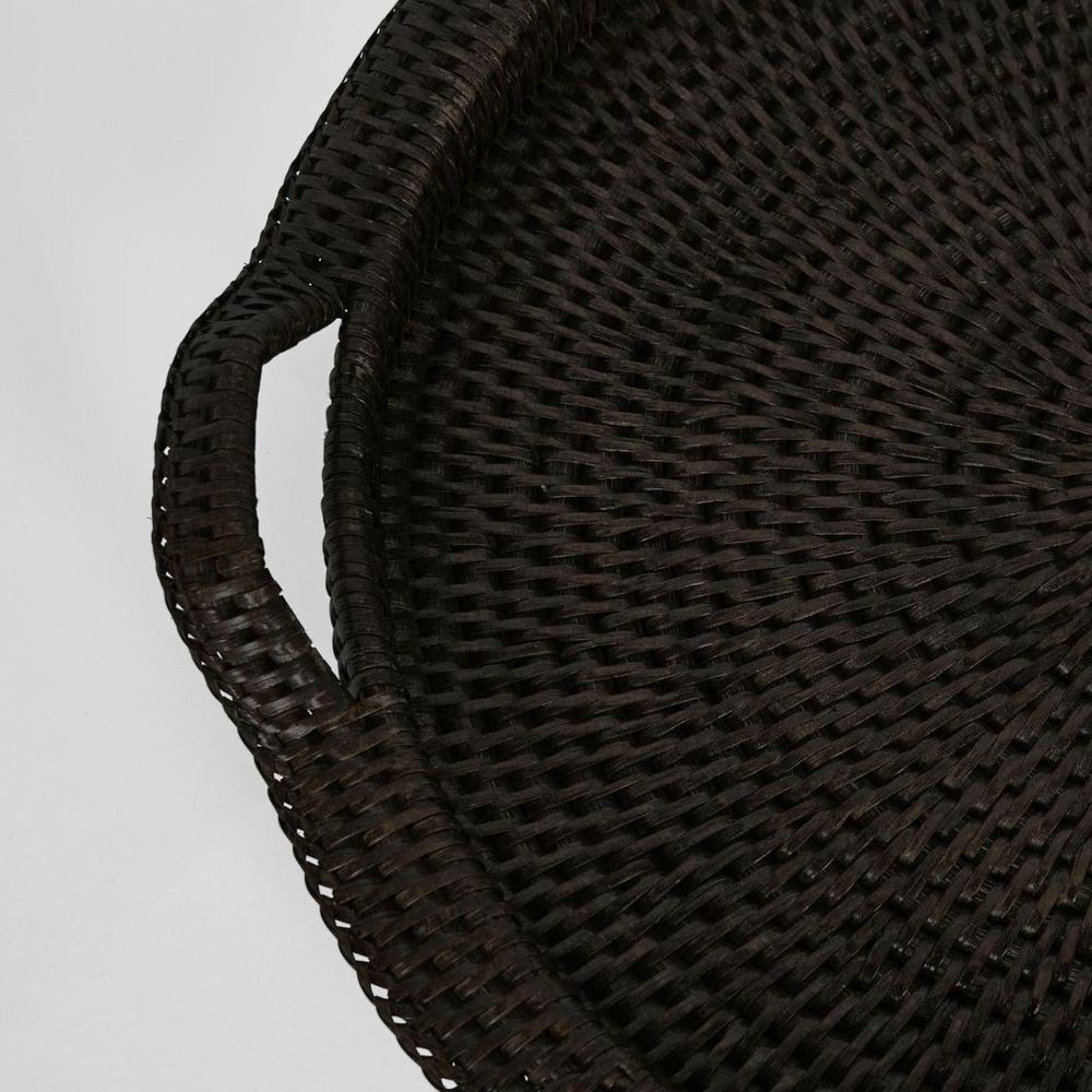 Paume Rattan Round Serving Tray With Handles Black