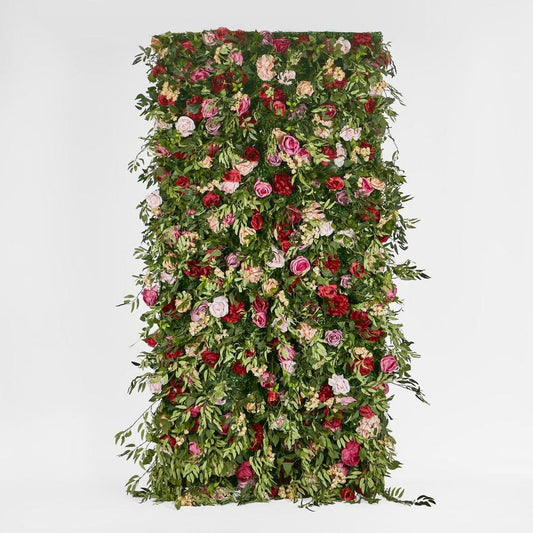 Flower Wall With Pink, Purple, Beige & Red Roses & Peonies And Green Leaves