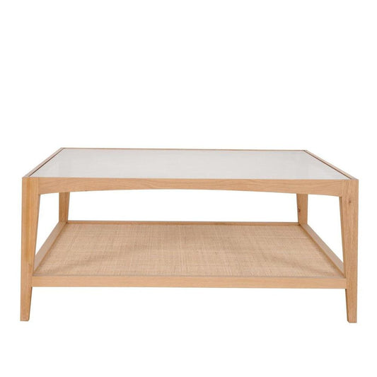 Mila Natural Oak Coffee Table With Rattan Base And Glass Top 100Cm